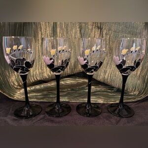 Vintage Luminarc Domino Anais Wine Glasses Set of 4 Black Stems w/Flowers